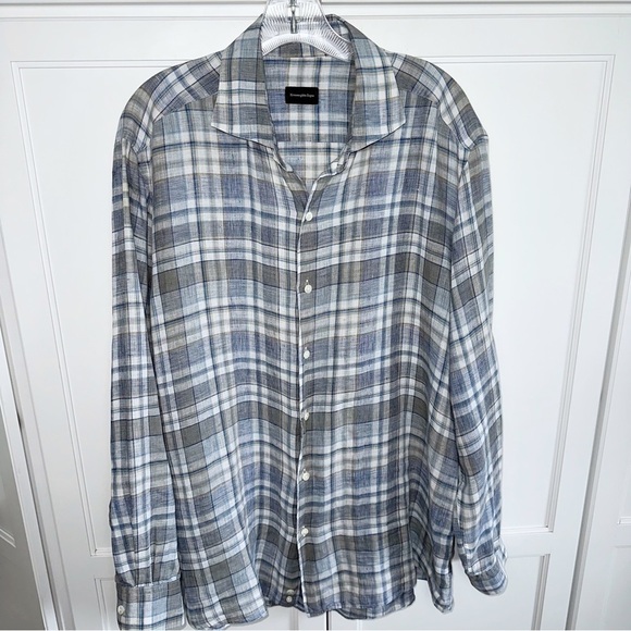 Ermenegildo Zegna Linen Blue/Gray Plaid Shirt Spread Collar XL - Picture 12 of 13